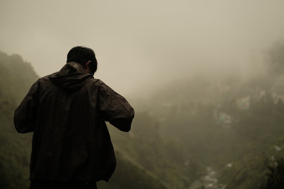 Silhouette of a person in a jacket standing on a foggy mountaintop overlooking a mist-covered valley.
