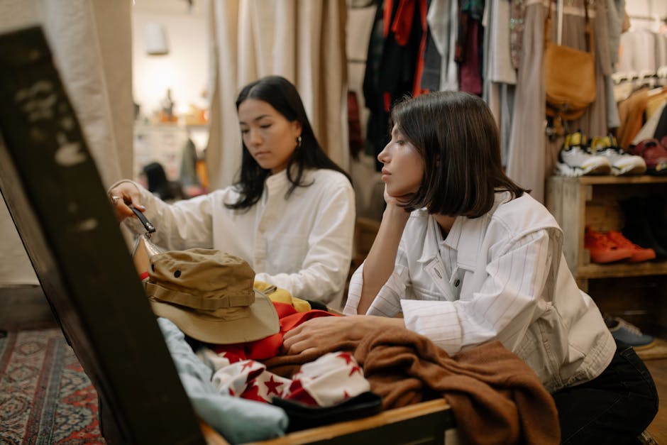 Two young women explore a vintage clothing store, examining secondhand garments.
