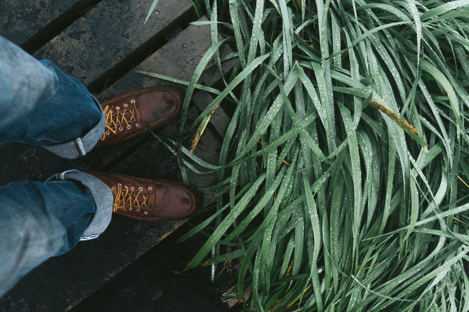 Brown leather boots on a wet wooden deck next to moisture-laden grass.
